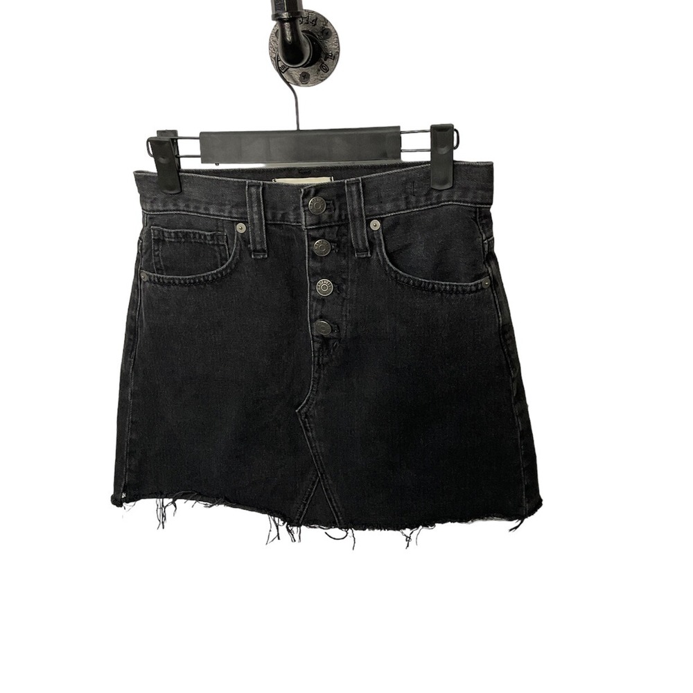 Madewell Women 24 Rigid Denim A Line Skirt Raw Hem Black Distress Button Fly (R2